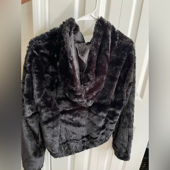 Black furry jacket with hood. Worn one. - Picture 2 of 4